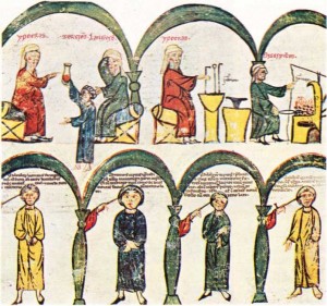 Üstte: Hippokrates sidik konusunda ders verip deney yaparken: altla: Hekim, dağlamanın yapılış biçimi konusunda açıklama yaparken (XIII. yy. minyatürü)