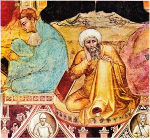 Andrea di Buonaiuto'nun İbni Rüşd ile Aquinolu Tommaso’yu konu alan yapıtından bir ayrıntı