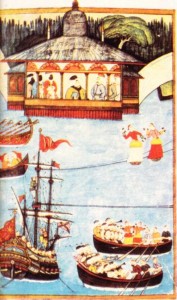 Levni’nin Surname için yaptığı minyatürden bir ayrıntı: Padişah su üstünde yapılan şenlikleri seyrederken