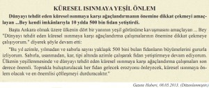 küresel ısınmaya yeşil önlem gazete haberi
