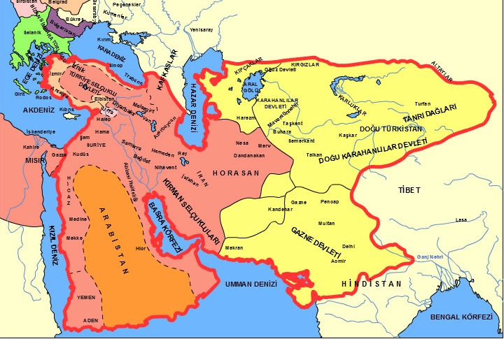 Karahanlılar, Gazneliler ve Büyük Selçukluların kuruldukları bölgelerin haritası