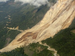 An aerial view shows a landslide in San Cristobal Verapaz