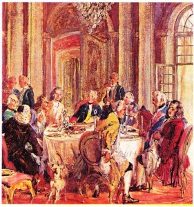 Kral olduktan sonra bilim adamlarını ve edebiyatçıları çevresinde toplayan Friedrich Il'yi Voltaire (solda, karşıda) ve dostlarıyla birlikte masa başında gösteren,Adolf von Menzel'in tablosu.