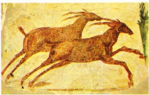 Yalancımermer üstüne yapılmış hayvan figürleri (Leptis Magna, Trablus yakınlan, Libya).