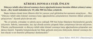 küresel ısınmaya yeşil önlem gazete haberi