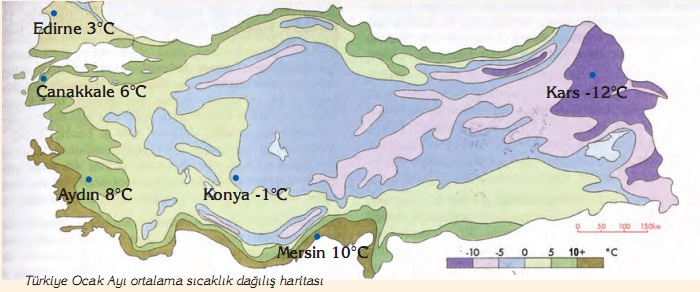 Türkiye Ocak ayı ortalama sıcaklık dağılışı haritası