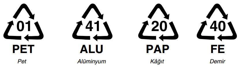 çeşitli maddelere ait geri dönüşüm işaretleri
